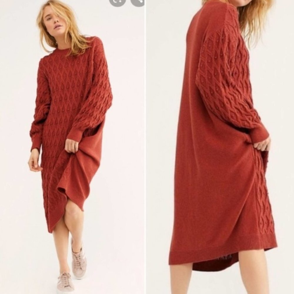 Free People burnt Orange Nicole cable knit dot textured oversized sweater dress - Picture 4 of 10